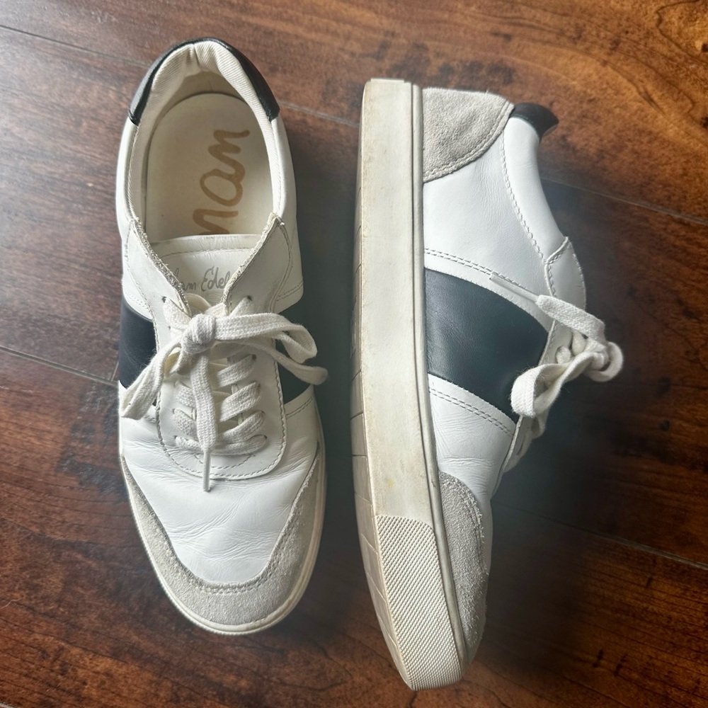 Sam Edelman Emma White & Black Leather Low Top Sneaker